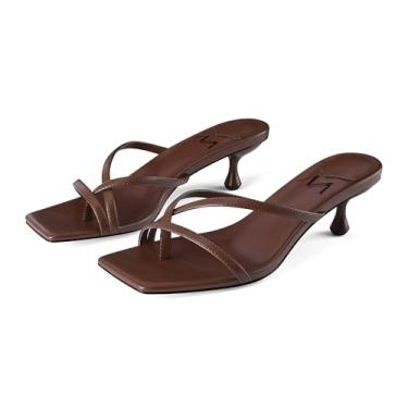 Imagem de MIRAAZZURRA Chinelo de salto gatinho quadrado bico aberto tanga de salto baixo com tiras, sandálias deslizantes para festa diária, Marrom, 41