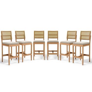 Imagem de Kit Com 6 Banqueta Milena Madeira Maciça Assento Estofado Encosto De Tela Palha Sextavada Veludo Bege 102