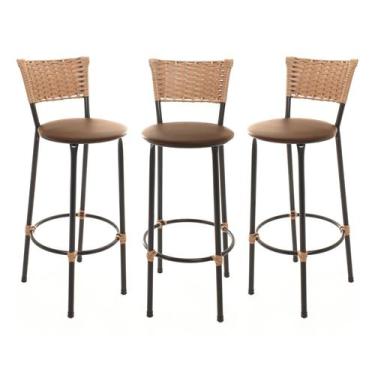 Imagem de KIT 3 Banquetas Tricô Náutico DOURADO Alta Bancada Balcão Cozinha Area