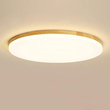 Imagem de Luminária de teto LED regulável para sala de estar, lâmpada de teto redonda de madeira e acrílico branco, luz de painel de escritório vintage clássica com controle remoto, iluminação de teto