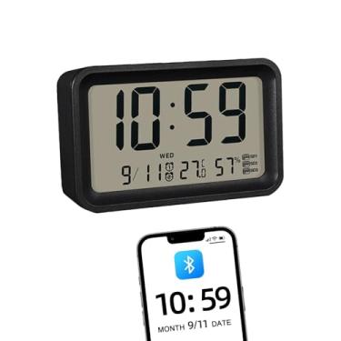 Imagem de Quanmin Despertadores digitais de sincronização Bluetooth com visor de temperatura e umidade, temporizador, função de luz noturna, para sala de estar, escritório, quarto, decoração de LED, data