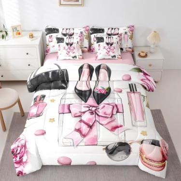 Imagem de Erosebridal Conjunto de edredom rosa king size feminino, moderno, arco de coquete, perfume, moderno, bonito, revista, livro, cama, salto, alto, maquiagem, 7 peças, conjunto de cama para meninas