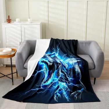 Imagem de Cobertor de lã de dinossauro 127 x 152 cm para crianças, estampa de dinossauro, cobertor de flanela felpudo para meninos e meninas, dinossauro, quente, respirável, macio, microfibra, azul relâmpago