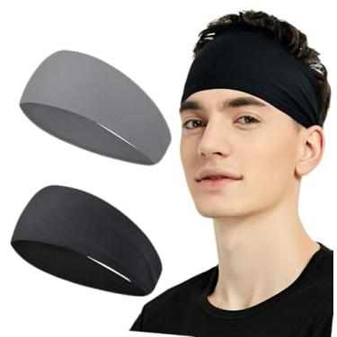Imagem de 2 faixas de cabelo pretas e cinzentas para crianças, macias com absorção de umidade, faixas de cabelo respiráveis, faixa elástica para suor para meninos, meninas, futebol, basquete, corrida, tênis