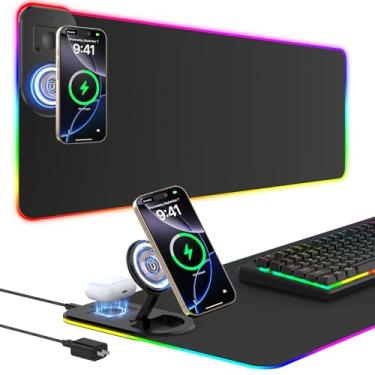 Imagem de Mouse pad para jogos de carregamento sem fio com suporte de telefone dobrável, mouse pad de LED de 800 x 350 x 4 mm, 15 modos de luz, base de borracha antiderrapante para PC, MacBook e laptop