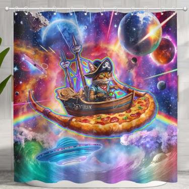 Imagem de Spenlife Conjunto de cortina de chuveiro de gato pirata com navio de pizza estilo aventura cósmica, impermeável, para banheiro, estampa de galáxia, decoração criativa de casa 182 x 182 cm com 12