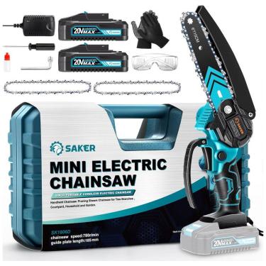 Imagem de Motossera Elétrica sem Fio para Poda de Galhos com 2 Baterias 20V 1500 mAh e 3 Correntes Extras, Saker, Azul