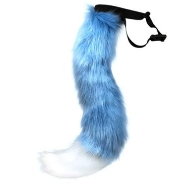 Imagem de Moyubath Gato lobo raposa pele sintética cauda peluda para cosplay Halloween fantasia fantasia fantasia acessórios, Azul e branco, 19.68 inch