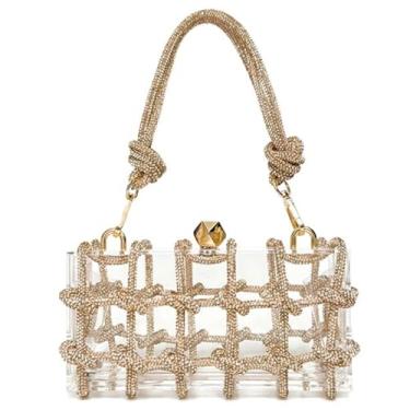 Imagem de Bolsa de mão de acrílico transparente, bolsa de mão com strass e corda brilhante para festa de banquete, Champanhe dourado, (L*W*H): 19cm*6cm*10cm/7.48"*2.36"*3.94"