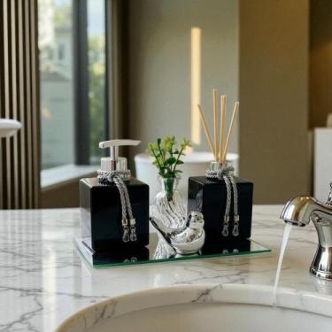 Imagem de Kit Lavabo Luxo Banheiro Com Bandeja Espelhada Difusor e Saboneteira C