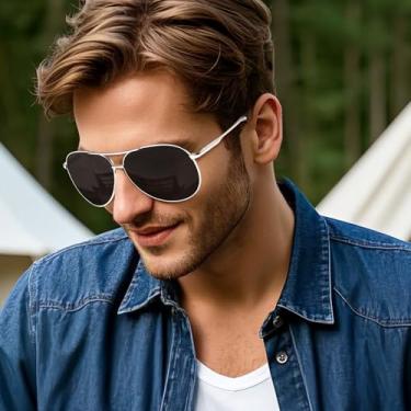 Imagem de Óculos de sol masculinos metálicos polarizados estilo militar quadrado pesca golfe condução SY6036, Armação prateada | Lente preta, Normal