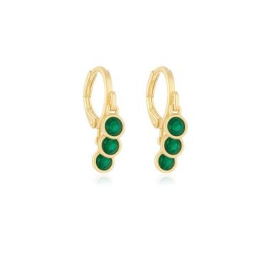 Imagem de Brinco Argola 3 Pontos de Luz Zircônia Esmeralda Banhado a Ouro - Lazz
