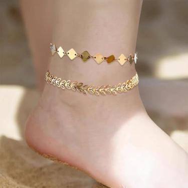 Imagem de Tornozeleira feminina de ouro com corrente de camada dupla, corrente boho, pingente de trigo, tornozeleira, losango, quadrado, para pé, joia ajustável, boêmia, presentes para o verão e praia