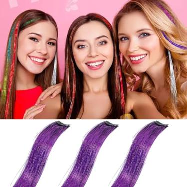 Imagem de Grampos de cabelo com tinsel de cabelo colorido 3 peças, 19,8 polegadas 1060 fios decorações de cabelo coloridas acessórios de grampos de cabelo (pacote com 3, roxo#)
