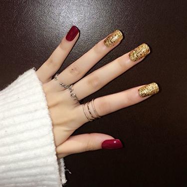 Imagem de Press On Nails Golden Glitter Red Glossy Square Medium Stick On Nails For Women Girls Finish Design Nails