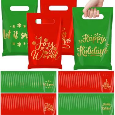 Imagem de AmazingSpark 100 sacos de presente de Natal, plástico, petiscos, biscoitos, salgadinhos, sacola de lanche, ouro vermelho e verde, sacos de feliz Natal a granel com alças, suprimentos de lembrancinha