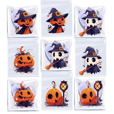 Imagem de 100 sacos de guloseimas de celofane de Halloween - Sacos autoadesivos transparentes para biscoitos, sacos de doces transparentes autovedantes, sacolas de presente de plástico autoadesivas para