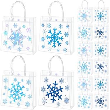 Imagem de Tenceur 24 peças de sacos de presente de PVC transparente com alças de flocos de neve azuis de Natal, sacolas de lembrancinhas de Natal, reutilizáveis, sacolas de doces para lembrancinhas de Natal