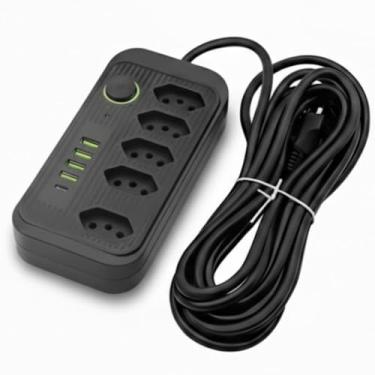 Imagem de Extensão Tomada, Régua Tomada, Régua de Energia, 5 Tomadas, 4 Interfaces USB, 1 Porta USB Tipo-C, Cabo de Alimentação de 2 metros, Suporte a Tensão de 110-220V, Potência de 2500W (Preto)