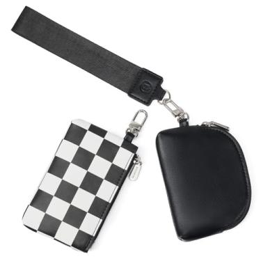 Imagem de BOSTANTEN Carteira de chaveiro de couro RFID com porta-cartões de crédito para mulheres com porta-moedas e estojo de batom, A - preto e branco, small, Carteira com quadriculado