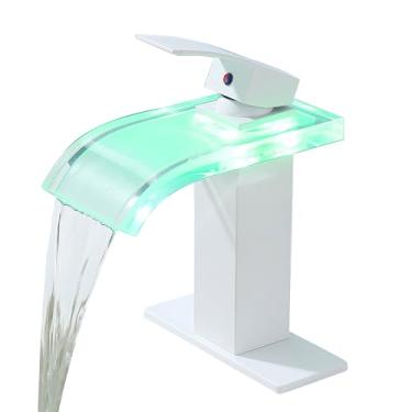 Imagem de Qeemee Torneira de pia de banheiro cascata LED, torneiras de banheiro, bico de vidro que muda de 3 cores com mangueira de abastecimento de água, torneira misturadora de lavatório de latão de 3 furos,