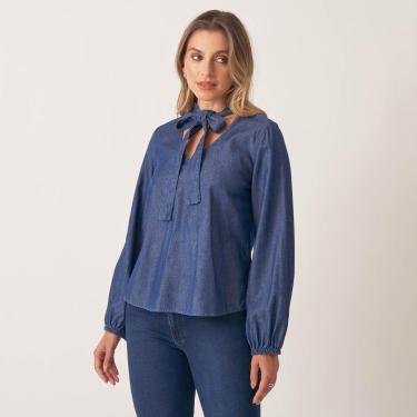 Imagem de Blusa Jeans Leve Gola Laço Decote V-Feminino