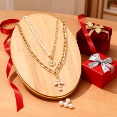 Imagem de 1 colar elegante de cruz, redondo, pérola, camada dupla, joia feminina para festa, formatura, decoração diária