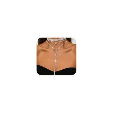 Imagem de Missgrace Colar feminino prata preto strass cristal Y longo multicamadas borla colar gargantilha prata brilhante preto strass colar de Halloween para festa de casamento formatura, one size, Strass