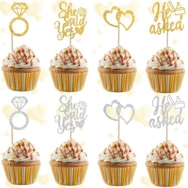 Imagem de BEISHIDA He Asked She Said Yes Toppers de cupcake, 24 peças de enfeite de cupcake de noivado com glitter anel de diamante coração palhetas de cupcake para casamento, noivado, chá de panela, decoração