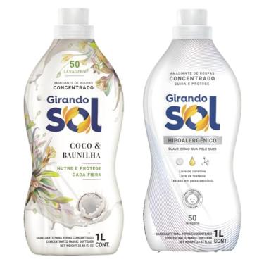 Imagem de Kit Amaciante Concentrado Girando Sol Coco e Baunilha Hipoalergênico 1L Branco Roupas Macias Cheiro Suave e Duradouro 2 Unidades Rende 100 Lavagens