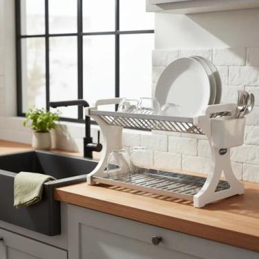 Imagem de Escorredor de Louça 20 Pratos Branco em aço Inox Alto com Porta Talher