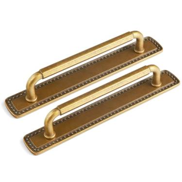 Imagem de Goo-Ki Pacote com 2 puxadores de armário com placa de base/placa traseira, alças de gaveta de latão antigo com orifício central de 12,8 cm com espaçador, ferragens de barra de cozinha de liga de zinco