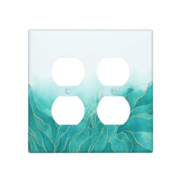 Imagem de DWBGUO Capas de tomada decorativas, azul, verde, dourada, folha de mármore líquido, 2 gangs, placa de parede, interruptor de luz duplex, placa de interruptor para decoração de quarto e cozinha