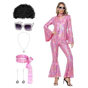 Imagem de Fantasia feminina de discoteca dos anos 70 - Roupa de discoteca dos anos 70 com peruca, brincos, óculos, colar, faixa de cabeça, top de lantejoulas e calcinha de sino, Rosa brilhante, GG