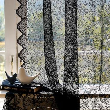 Imagem de Draphelle 2 painéis de cortinas pretas vintage de renda 137 x 183 cm de comprimento, cortinas românticas semitransparentes florais rendadas para sala de jantar, cortinas de janela elegantes para