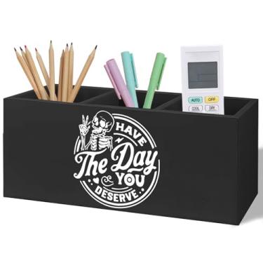 Imagem de Yhtrg Esqueleto gótico Have the Day You Merve Porta-lápis de madeira para mesa, organizador de escova de dentes de madeira sarcástico sarcástico crânio gótico para escova de dentes para penteadeira