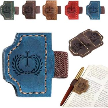 Imagem de Marcador de livro Bygone Mark com suporte de caneta, marca de livro de couro para homens e mulheres, acessórios para viajantes, professores, leitores, amantes de livros, presentes (azul)