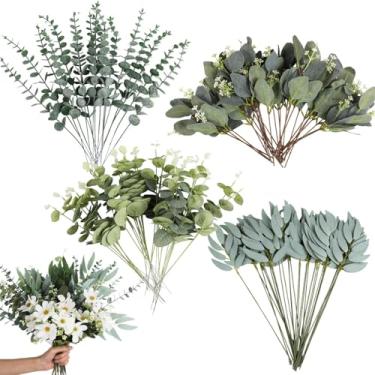 Imagem de 120 hastes de folhas de eucalipto falsas, 4 estilos mistos de vegetação para arranjos florais, buquês e decoração de casa
