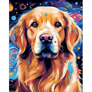Imagem de WUIVCTR Kit de pintura a óleo acrílica DIY Paint by Numbers para adultos com 3 pincéis de cores brilhantes, cão Golden Retriever mítico fantasia, 40 x 50 cm, sem moldura