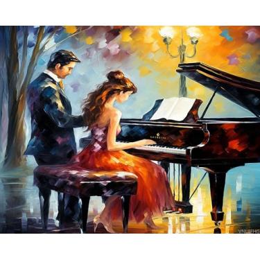 Imagem de Kits de pintura de casal músico por números com pincéis e pigmento acrílico em tela para adultos, tocando piano, imagem romântica de homem e mulher para presentes de decoração de casa 40,6 cm x 50,8
