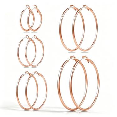 Imagem de 5 pares de brincos de argola de ouro e prata para mulheres, banhado a ouro 14 K, brincos de argola fina, de aço inoxidável, leve, hipoalergênico, 30/40/50/60/70 mm, Middle, Aço inoxidável, Sem pedra