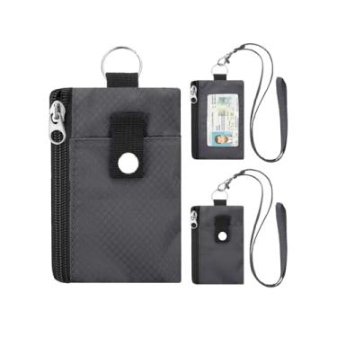 Imagem de Carteira minimalista com bloqueio de RFID com cordão, capa funcional para identidade com 2 bolsos com zíper e chaveiro para homens e mulheres, porta-cartões com crachá tático, porta-moedas para