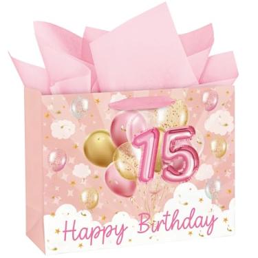 Imagem de WRAPAHOLIC Sacos de presente de 15º aniversário de 33 cm com papel de seda - 15 anos de idade - Sacos de papel balão ouro rosa para meninas festa de lembrança de aniversário