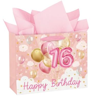 Imagem de WRAPAHOLIC Sacos de presente de aniversário de 16 cm com papel de seda - 16 anos de idade - Sacos de papel balão ouro rosa para meninas festa de lembrança de aniversário