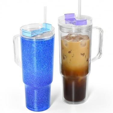 Imagem de FECBK Pacote com 2 copos de globo de neve de acrílico de 1,134 g com alça copo de globo de neve de plástico com tampas e canudos, copos de globo de neve de parede dupla com orifício pré-perfurado para