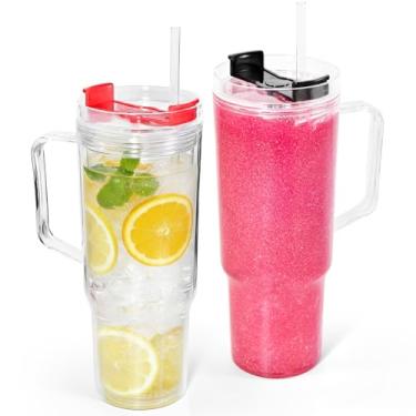 Imagem de FECBK Pacote com 2 copos de globo de neve de acrílico de 1,134 g com alça copo de globo de neve de plástico com tampas e canudos, copos de globo de neve de parede dupla com orifício pré-perfurado para