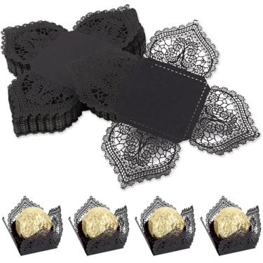 Imagem de BUNCHBRAVO Forros para trufas, 50 peças de porta-doces pretos cortados a laser para trufas de chocolate, festa de casamento, sobremesa, decoração de mesa, forros de papel