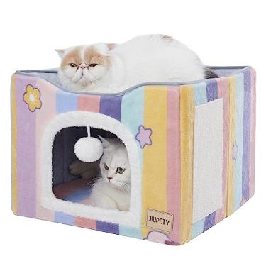 Imagem de Jiupety Cama De Gato Para 2 Gatos, Casas De Gato Para Gatos De Interior Com Arranhador E Brinquedo De Bola De Gato, Cama Dobrável Para Gatos/Gatinhos, Grande Caverna De Gato Em Cubo Para Esconderij