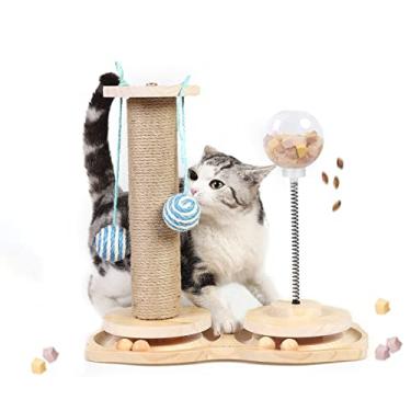 Imagem de Marchul Brinquedo interativo 4 em 1 para gatos, poste de sisal natural para arranhar com bolas penduradas, brinquedos para gatos com bola de madeira, alimentador de comida de gato com bola de petisco