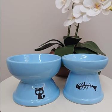 Imagem de kit 2 Comedouro Gato Luxo Bebedouro Cerâmica Função Cães Pratico Pet Orgânico(KIT 2 M/G AZUL COMED BEBED)
